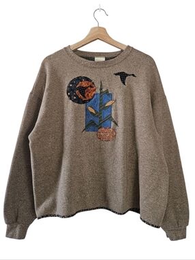 Lee Heavyweight Heather Acorn Corn Field Geese Patchwork Fall Sweater Size Large